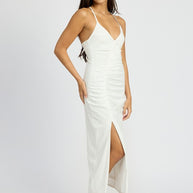 RUCHED SATIN DRESS WITH CROSSED BACK-Emory Park-[option4]-[option5]-[option6]-[option7]-[option8]-Shop-Boutique-Clothing-for-Women-Online