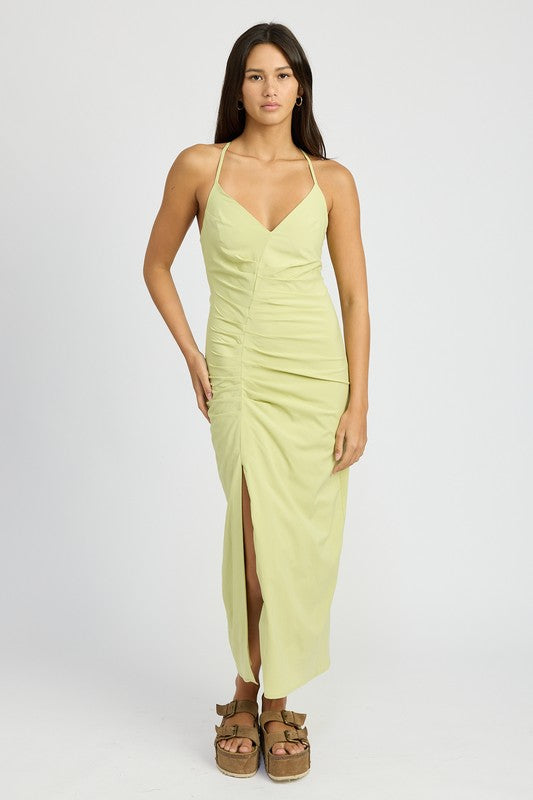 RUCHED SATIN DRESS WITH CROSSED BACK-Emory Park-[option4]-[option5]-[option6]-[option7]-[option8]-Shop-Boutique-Clothing-for-Women-Online