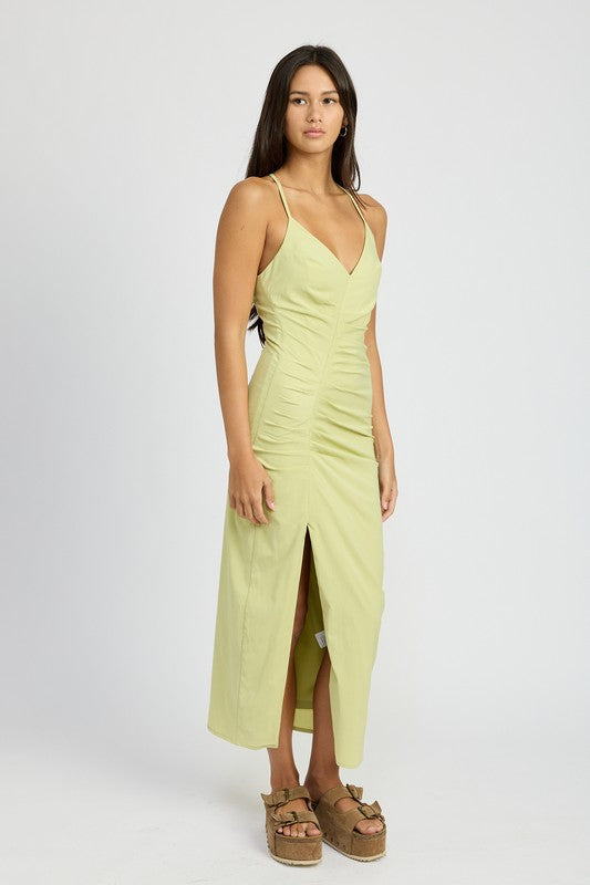 RUCHED SATIN DRESS WITH CROSSED BACK-Emory Park-[option4]-[option5]-[option6]-[option7]-[option8]-Shop-Boutique-Clothing-for-Women-Online
