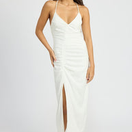 RUCHED SATIN DRESS WITH CROSSED BACK-Emory Park-[option4]-[option5]-[option6]-[option7]-[option8]-Shop-Boutique-Clothing-for-Women-Online