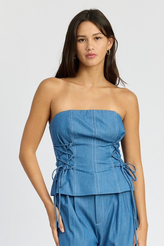 TUBE TOP WITH SIDE LACE UP DETAIL-Emory Park-MED DENIM-S-[option4]-[option5]-[option6]-[option7]-[option8]-Shop-Boutique-Clothing-for-Women-Online