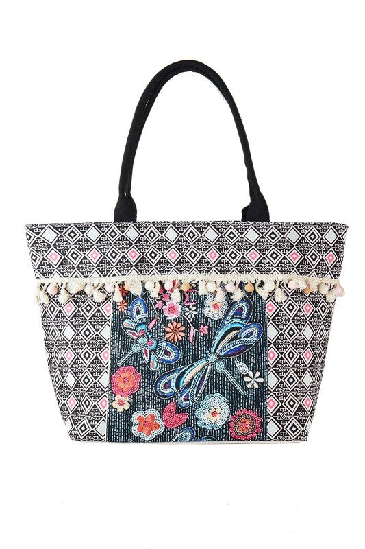 Dragonfly and Tassel Beaded Tote Bag-ICCO ACCESSORIES-BLACK-OS-[option4]-[option5]-[option6]-[option7]-[option8]-Shop-Boutique-Clothing-for-Women-Online