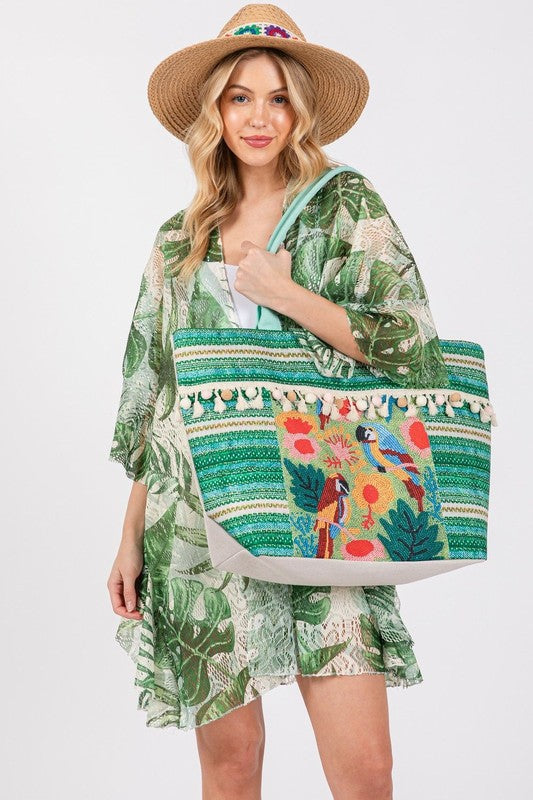 Bird and Tassel Beaded Tote Bag-ICCO ACCESSORIES-GREEN-OS-[option4]-[option5]-[option6]-[option7]-[option8]-Shop-Boutique-Clothing-for-Women-Online