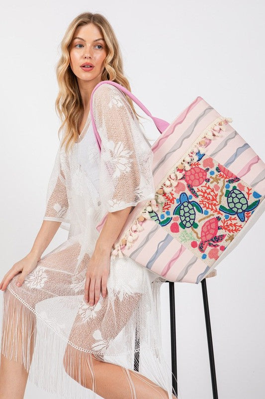 Turtle and Tassel Beaded Tote Bag-ICCO ACCESSORIES-PINK-OS-[option4]-[option5]-[option6]-[option7]-[option8]-Shop-Boutique-Clothing-for-Women-Online