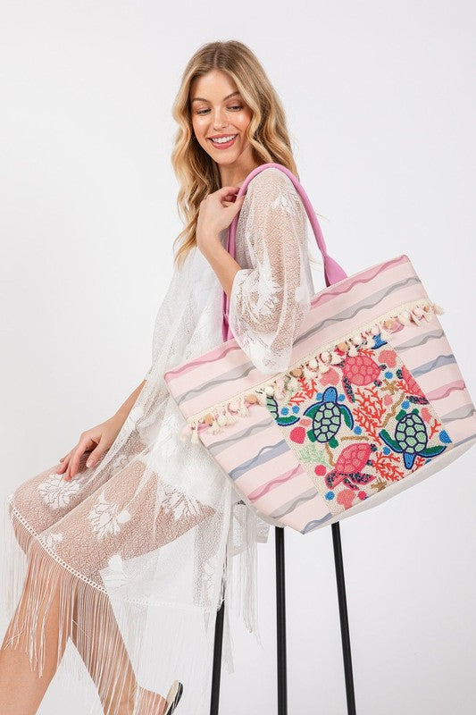 Turtle and Tassel Beaded Tote Bag-ICCO ACCESSORIES-PINK-OS-[option4]-[option5]-[option6]-[option7]-[option8]-Shop-Boutique-Clothing-for-Women-Online