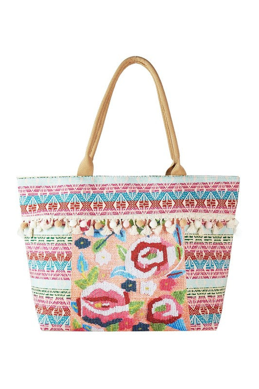 Flower and Tassel Beaded Tote Bag-ICCO ACCESSORIES-MULTI-OS-[option4]-[option5]-[option6]-[option7]-[option8]-Shop-Boutique-Clothing-for-Women-Online