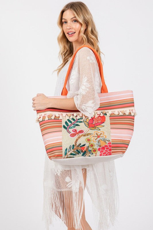 Various Flower and Tassel Beaded Tote Bag-ICCO ACCESSORIES-CORAL-OS-[option4]-[option5]-[option6]-[option7]-[option8]-Shop-Boutique-Clothing-for-Women-Online