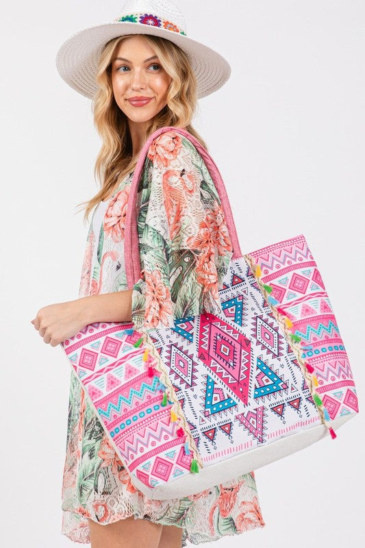 Geometric Pattern Tote Bag-ICCO ACCESSORIES-PINK-OS-[option4]-[option5]-[option6]-[option7]-[option8]-Shop-Boutique-Clothing-for-Women-Online