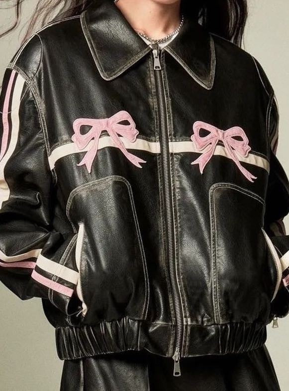 Faux leather bow biker jacket-Miss Sparkling-pink black-S-[option4]-[option5]-[option6]-[option7]-[option8]-Shop-Boutique-Clothing-for-Women-Online