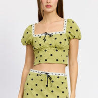 POLKA DOT TOP WITH LACE TRIM-Emory Park-OLIVE POLKA DOT-S-[option4]-[option5]-[option6]-[option7]-[option8]-Shop-Boutique-Clothing-for-Women-Online