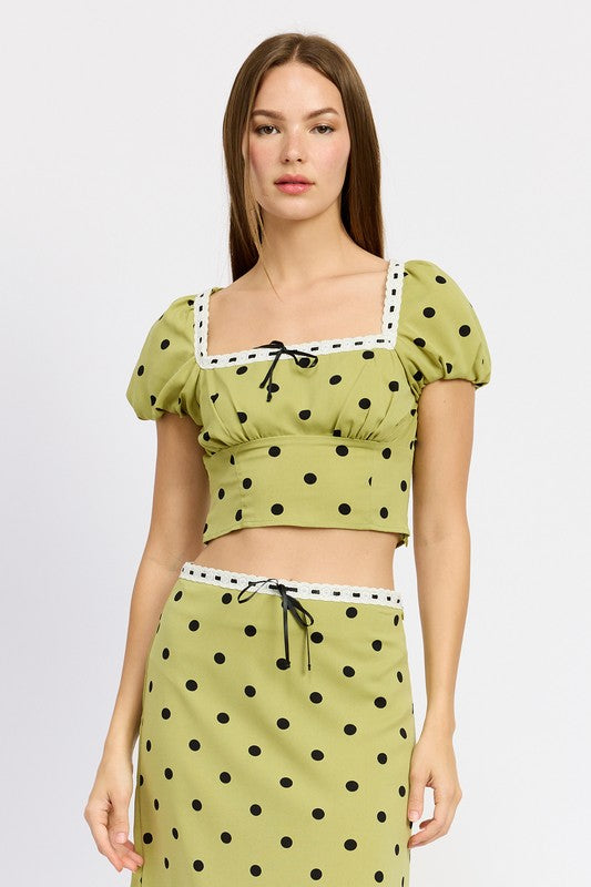 POLKA DOT TOP WITH LACE TRIM-Emory Park-OLIVE POLKA DOT-S-[option4]-[option5]-[option6]-[option7]-[option8]-Shop-Boutique-Clothing-for-Women-Online