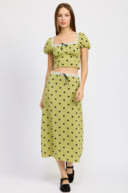 POLKA DOT MIDI SKIRT WITH LACE TRIM-Emory Park-OLIVE POLKA DOT-S-[option4]-[option5]-[option6]-[option7]-[option8]-Shop-Boutique-Clothing-for-Women-Online