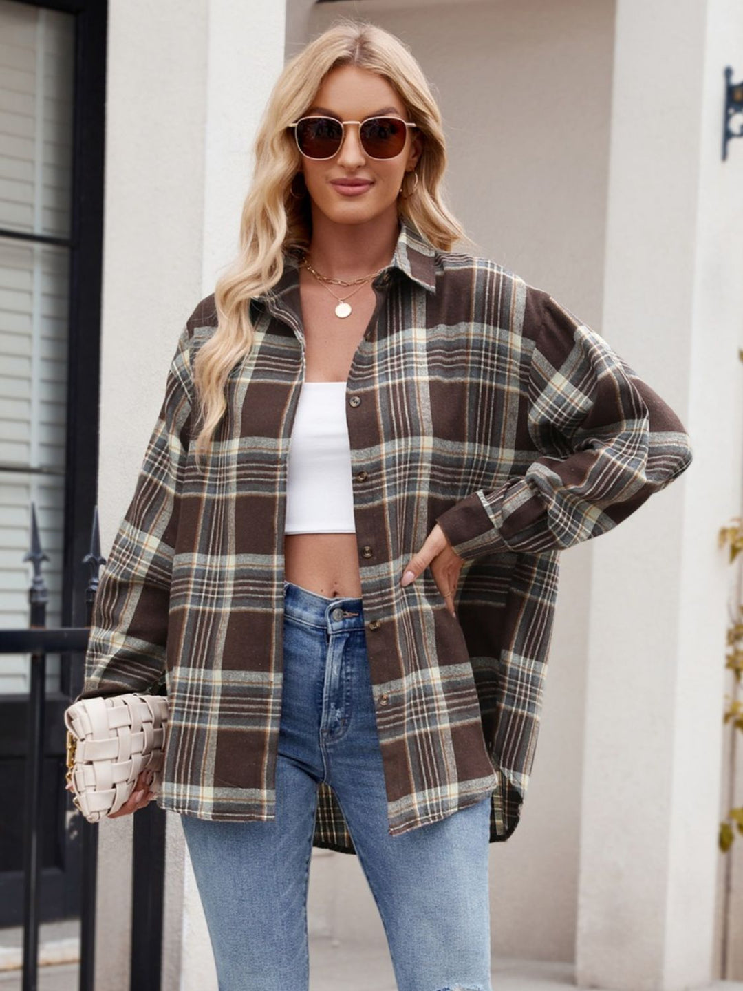 Mandy Pocketed Plaid Collared Neck Long Sleeve Shirt-Trendsi-Chocolate-S-[option4]-[option5]-[option6]-[option7]-[option8]-Shop-Boutique-Clothing-for-Women-Online