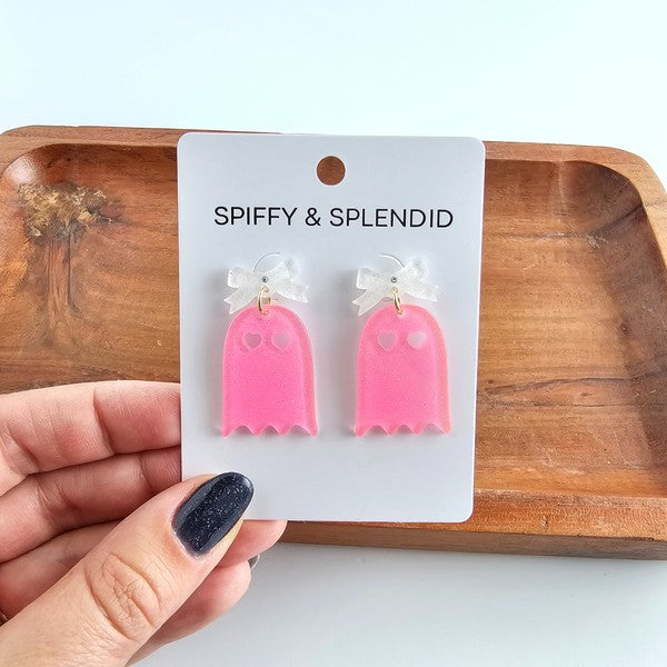 Bow Ghost Earrings - Pink Glitter-Spiffy & Splendid-Pink Glitter-OneSize-[option4]-[option5]-[option6]-[option7]-[option8]-Shop-Boutique-Clothing-for-Women-Online