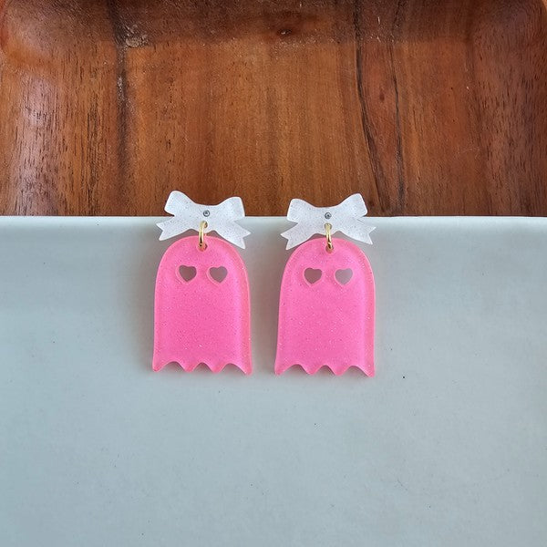 Bow Ghost Earrings - Pink Glitter-Spiffy & Splendid-Pink Glitter-OneSize-[option4]-[option5]-[option6]-[option7]-[option8]-Shop-Boutique-Clothing-for-Women-Online