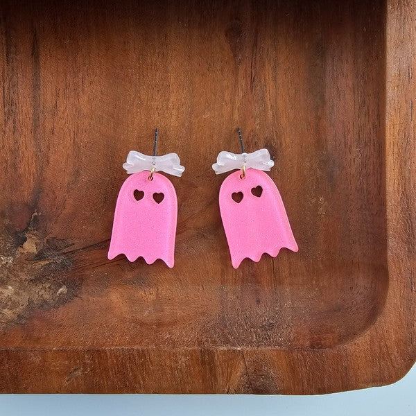 Bow Ghost Earrings - Pink Glitter-Spiffy & Splendid-Pink Glitter-OneSize-[option4]-[option5]-[option6]-[option7]-[option8]-Shop-Boutique-Clothing-for-Women-Online