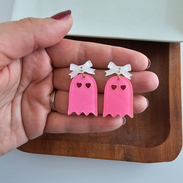 Bow Ghost Earrings - Pink Glitter-Spiffy & Splendid-Pink Glitter-OneSize-[option4]-[option5]-[option6]-[option7]-[option8]-Shop-Boutique-Clothing-for-Women-Online