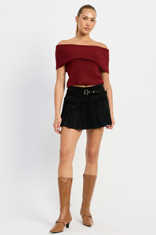 PLEATED SUEDE SKORT WITH BELT-Emory Park-BLACK-S-[option4]-[option5]-[option6]-[option7]-[option8]-Shop-Boutique-Clothing-for-Women-Online