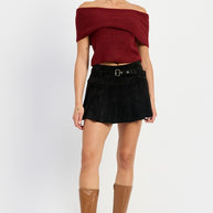 PLEATED SUEDE SKORT WITH BELT-Emory Park-BLACK-S-[option4]-[option5]-[option6]-[option7]-[option8]-Shop-Boutique-Clothing-for-Women-Online