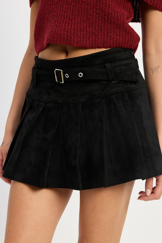 PLEATED SUEDE SKORT WITH BELT-Emory Park-[option4]-[option5]-[option6]-[option7]-[option8]-Shop-Boutique-Clothing-for-Women-Online