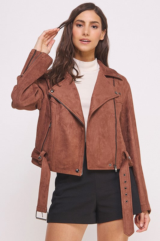 BELTED LONG SLEEVE ZIPPERED SUEDE MOTO JACKET-Jade By Jane-[option4]-[option5]-[option6]-[option7]-[option8]-Shop-Boutique-Clothing-for-Women-Online