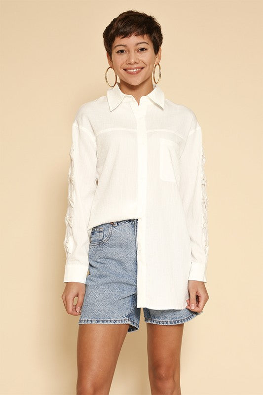 Bow sleeve button down shirt-Miss Sparkling-[option4]-[option5]-[option6]-[option7]-[option8]-Shop-Boutique-Clothing-for-Women-Online