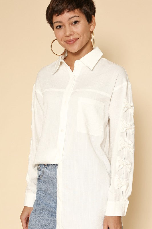 Bow sleeve button down shirt-Miss Sparkling-[option4]-[option5]-[option6]-[option7]-[option8]-Shop-Boutique-Clothing-for-Women-Online