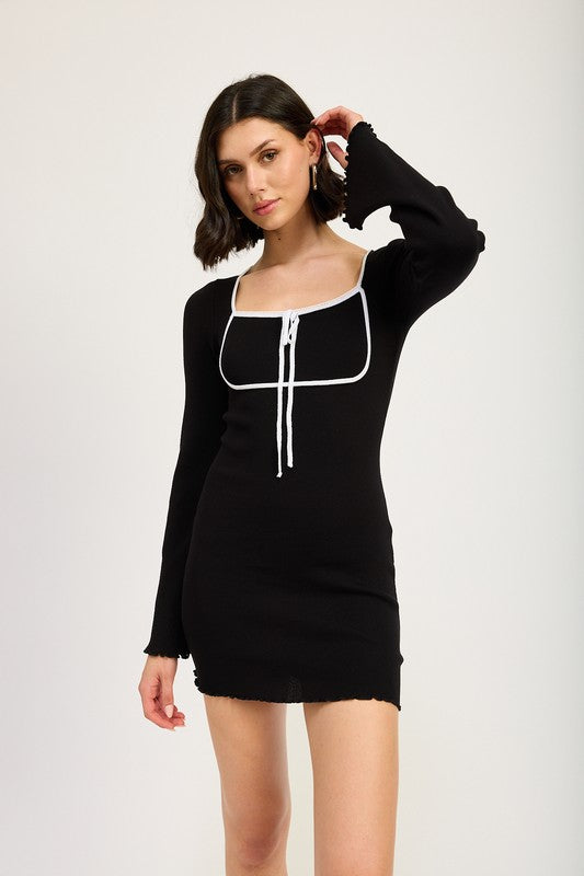 LETTUCE HEM MINI DRESS WITH FRONT TIE-Emory Park-BLACK-S-[option4]-[option5]-[option6]-[option7]-[option8]-Shop-Boutique-Clothing-for-Women-Online