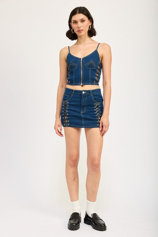 LACE UP MINI DENIM SKIRT-Emory Park-[option4]-[option5]-[option6]-[option7]-[option8]-Shop-Boutique-Clothing-for-Women-Online