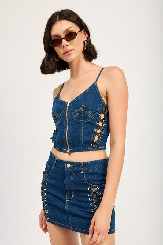 LACE UP MINI DENIM SKIRT-Emory Park-[option4]-[option5]-[option6]-[option7]-[option8]-Shop-Boutique-Clothing-for-Women-Online