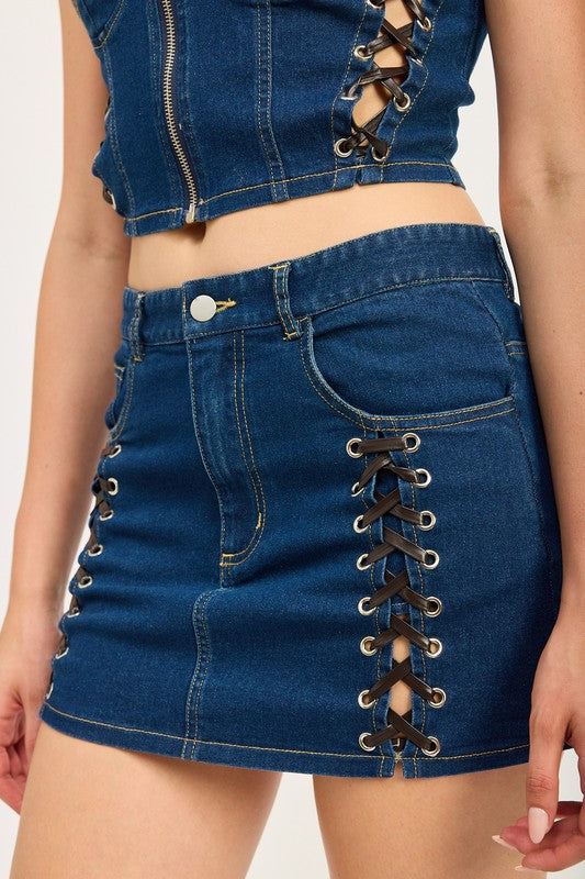 LACE UP MINI DENIM SKIRT-Emory Park-[option4]-[option5]-[option6]-[option7]-[option8]-Shop-Boutique-Clothing-for-Women-Online