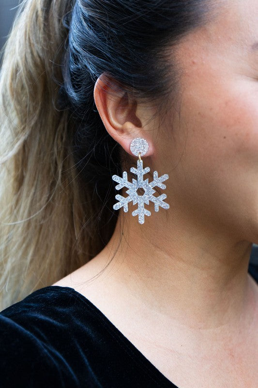 Snowflake Earrings - Silver Glitter-Spiffy & Splendid-Silver Glitter-OneSize-[option4]-[option5]-[option6]-[option7]-[option8]-Shop-Boutique-Clothing-for-Women-Online