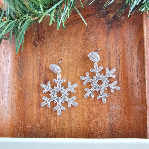 Snowflake Earrings - Silver Glitter-Spiffy & Splendid-Silver Glitter-OneSize-[option4]-[option5]-[option6]-[option7]-[option8]-Shop-Boutique-Clothing-for-Women-Online