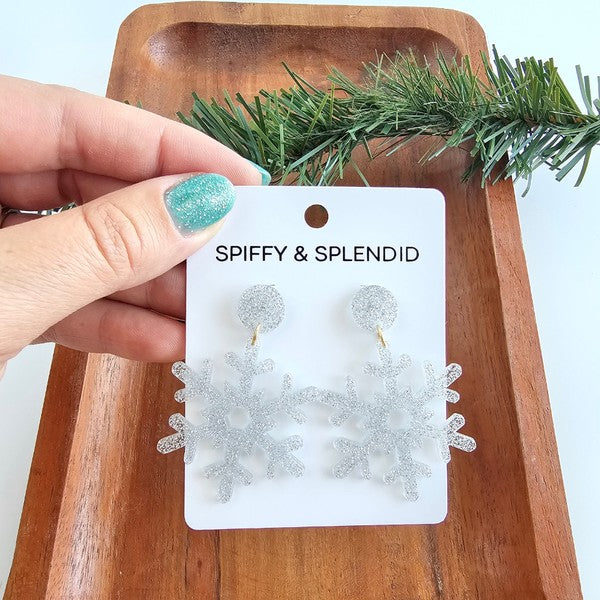 Snowflake Earrings - Silver Glitter-Spiffy & Splendid-Silver Glitter-OneSize-[option4]-[option5]-[option6]-[option7]-[option8]-Shop-Boutique-Clothing-for-Women-Online