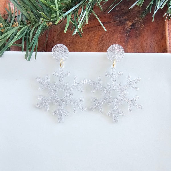 Snowflake Earrings - Silver Glitter-Spiffy & Splendid-Silver Glitter-OneSize-[option4]-[option5]-[option6]-[option7]-[option8]-Shop-Boutique-Clothing-for-Women-Online