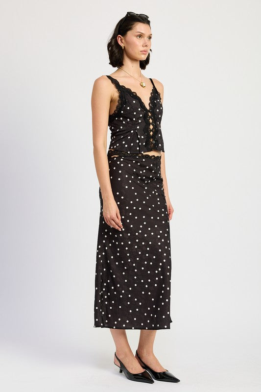 SATIN MIDI SKIRT WITH LACE TRIM-Emory Park-BLACK POLKA-S-[option4]-[option5]-[option6]-[option7]-[option8]-Shop-Boutique-Clothing-for-Women-Online