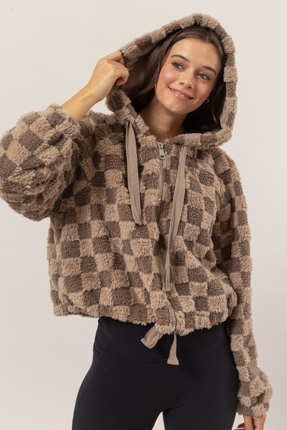 HYFVE Zip Up Sherpa Checkered Hooded Jacket-Trendsi-Mocha-S-[option4]-[option5]-[option6]-[option7]-[option8]-Shop-Boutique-Clothing-for-Women-Online