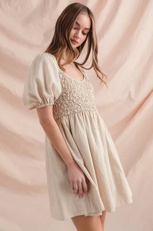 SO ME Textured Woven Daily Dress with Puff Sleeves-Dresses-Trendsi-[option4]-[option5]-[option6]-[option7]-[option8]-Shop-Boutique-Clothing-for-Women-Online