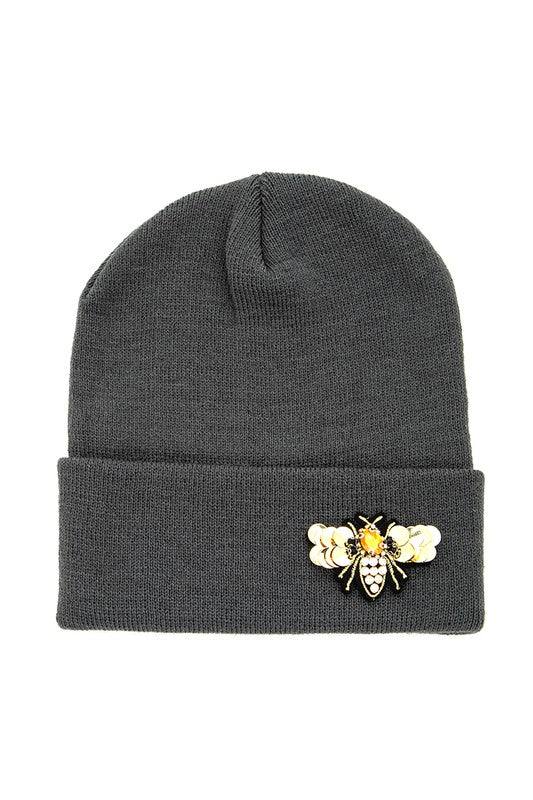 Golden Bee Embellished Winter Knit Beanie-LA Jewelry Plaza-CHARCOAL-O/S-[option4]-[option5]-[option6]-[option7]-[option8]-Shop-Boutique-Clothing-for-Women-Online