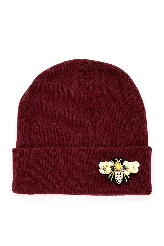 Golden Bee Embellished Winter Knit Beanie-LA Jewelry Plaza-Burgundy-O/S-[option4]-[option5]-[option6]-[option7]-[option8]-Shop-Boutique-Clothing-for-Women-Online