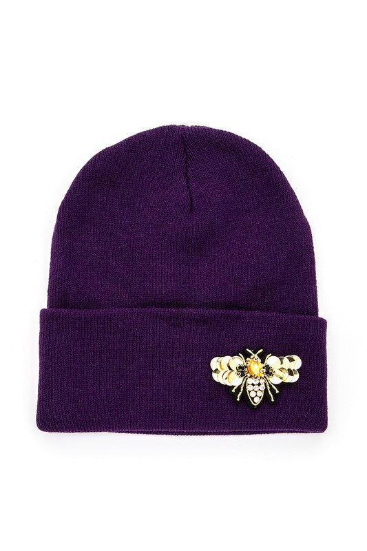 Golden Bee Embellished Winter Knit Beanie-LA Jewelry Plaza-Purple-O/S-[option4]-[option5]-[option6]-[option7]-[option8]-Shop-Boutique-Clothing-for-Women-Online