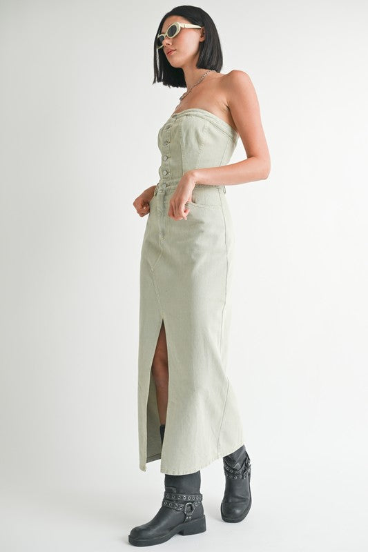 BUTTON UP TUBE DENIM DRESS WITH SLIT-Emory Park-[option4]-[option5]-[option6]-[option7]-[option8]-Shop-Boutique-Clothing-for-Women-Online