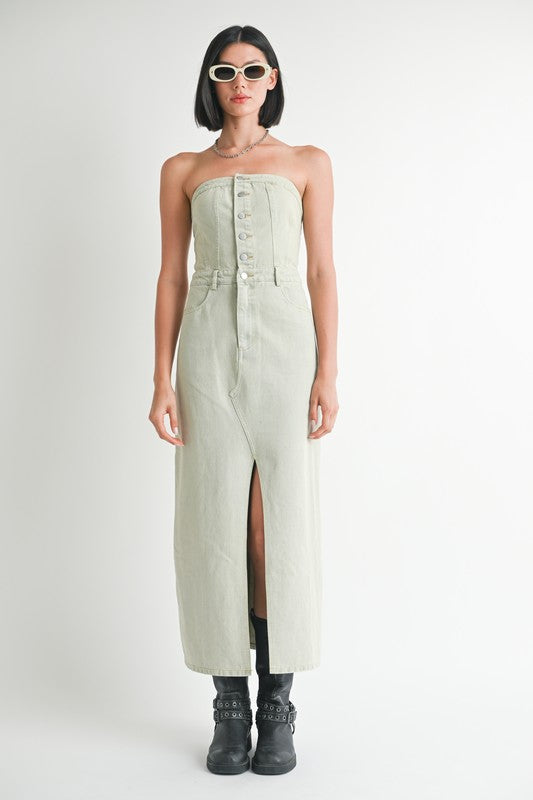 BUTTON UP TUBE DENIM DRESS WITH SLIT-Emory Park-[option4]-[option5]-[option6]-[option7]-[option8]-Shop-Boutique-Clothing-for-Women-Online