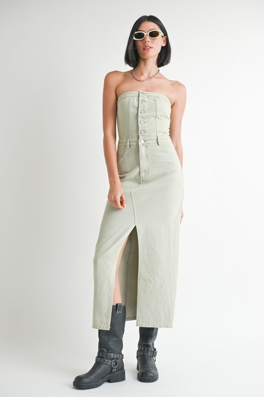 BUTTON UP TUBE DENIM DRESS WITH SLIT-Emory Park-[option4]-[option5]-[option6]-[option7]-[option8]-Shop-Boutique-Clothing-for-Women-Online