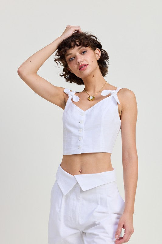 BUTTON UP CROPPED TOP WITH SHOULDER TIES-Emory Park-[option4]-[option5]-[option6]-[option7]-[option8]-Shop-Boutique-Clothing-for-Women-Online