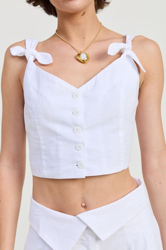 BUTTON UP CROPPED TOP WITH SHOULDER TIES-Emory Park-[option4]-[option5]-[option6]-[option7]-[option8]-Shop-Boutique-Clothing-for-Women-Online