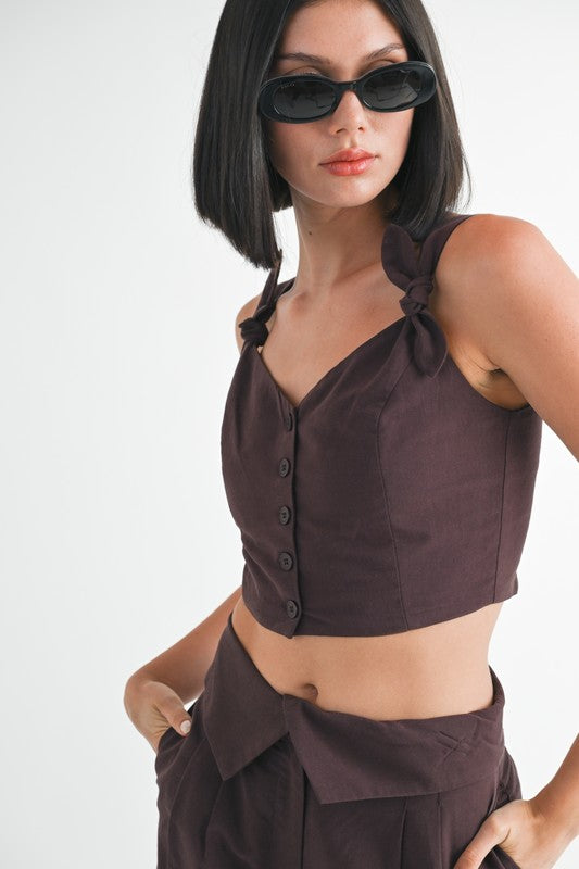 BUTTON UP CROPPED TOP WITH SHOULDER TIES-Emory Park-[option4]-[option5]-[option6]-[option7]-[option8]-Shop-Boutique-Clothing-for-Women-Online