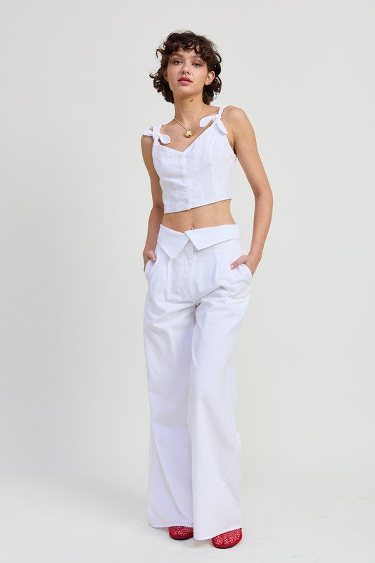 BUTTON UP CROPPED TOP WITH SHOULDER TIES-Emory Park-[option4]-[option5]-[option6]-[option7]-[option8]-Shop-Boutique-Clothing-for-Women-Online