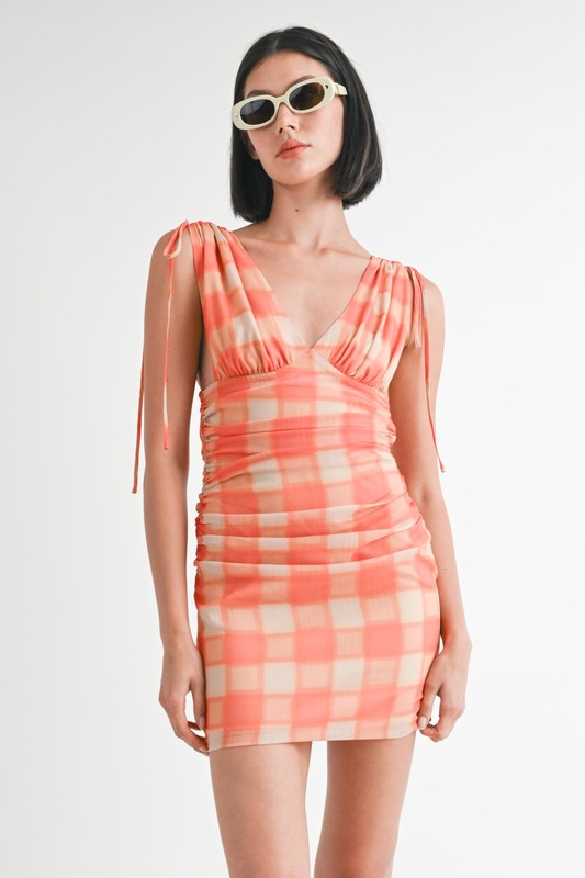 SHIRRED MINI DRESS WITH SHOULDER TIE-Emory Park-ORANGE PLAID-S-[option4]-[option5]-[option6]-[option7]-[option8]-Shop-Boutique-Clothing-for-Women-Online
