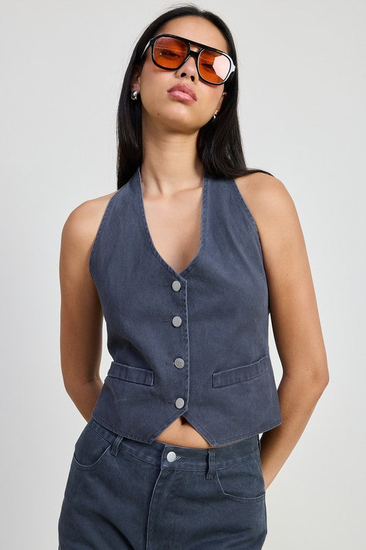 BUTTON UP HALTER NECK TOP-Emory Park-[option4]-[option5]-[option6]-[option7]-[option8]-Shop-Boutique-Clothing-for-Women-Online